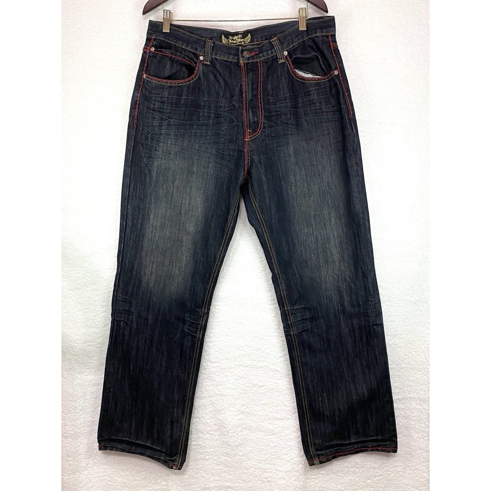 JNCO Style Men's Raw Blue 36x32 Baggy Dark Wash Jeans Y2K Skater Flap Pockets